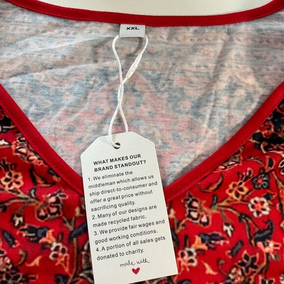 Red & Black Floral Print V-Neck Short Sleeve Womens Top Size XXL - Picture 4 of 8